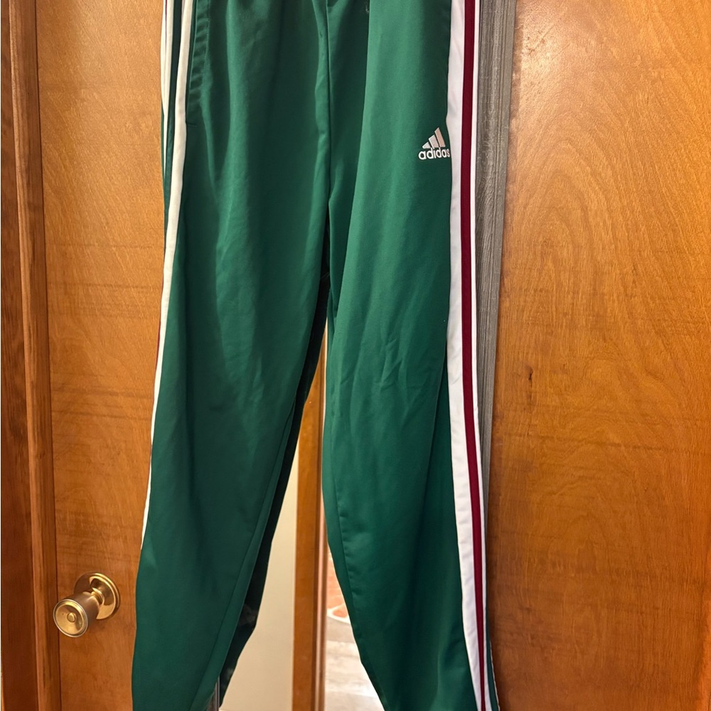 Adidas Green Joggers with White and Red Stripes